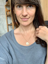 Load image into Gallery viewer, Hand Stamped Wildflower Necklace: 14k Gold Filled London Blue Topaz Pendant