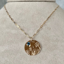Load image into Gallery viewer, Hand Stamped Wildflower Necklace: 14k Gold Filled London Blue Topaz Pendant