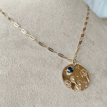 Load image into Gallery viewer, Hand Stamped Wildflower Necklace: 14k Gold Filled London Blue Topaz Pendant