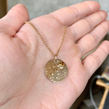 Load image into Gallery viewer, Hand Stamped Wildflower Necklace: 14k Gold Filled London Blue Topaz Pendant