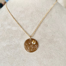 Load image into Gallery viewer, Hand Stamped Wildflower Necklace: 14k Gold Filled London Blue Topaz Pendant