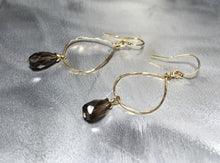 Load image into Gallery viewer, 14k Gold Filled Hammered Hoop Earrings: Smokey Quartz Gemstone Drop
