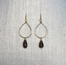 Load image into Gallery viewer, 14k Gold Filled Hammered Hoop Earrings: Smokey Quartz Gemstone Drop
