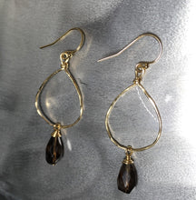 Load image into Gallery viewer, 14k Gold Filled Hammered Hoop Earrings: Smokey Quartz Gemstone Drop
