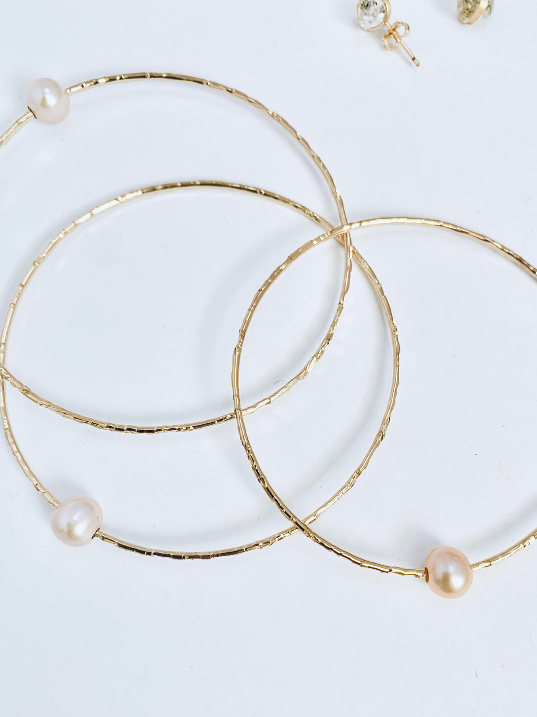 Floating Pearl Bangle Set: 14k Gold Filled Textured Bracelets