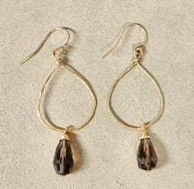Load image into Gallery viewer, 14k Gold Filled Hammered Hoop Earrings: Smokey Quartz Gemstone Drop

