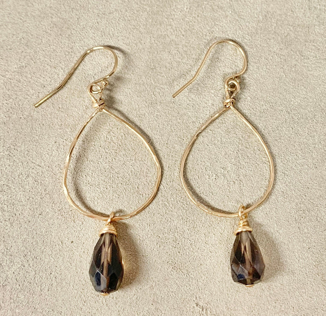 14k Gold Filled Hammered Hoop Earrings: Smokey Quartz Gemstone Drop
