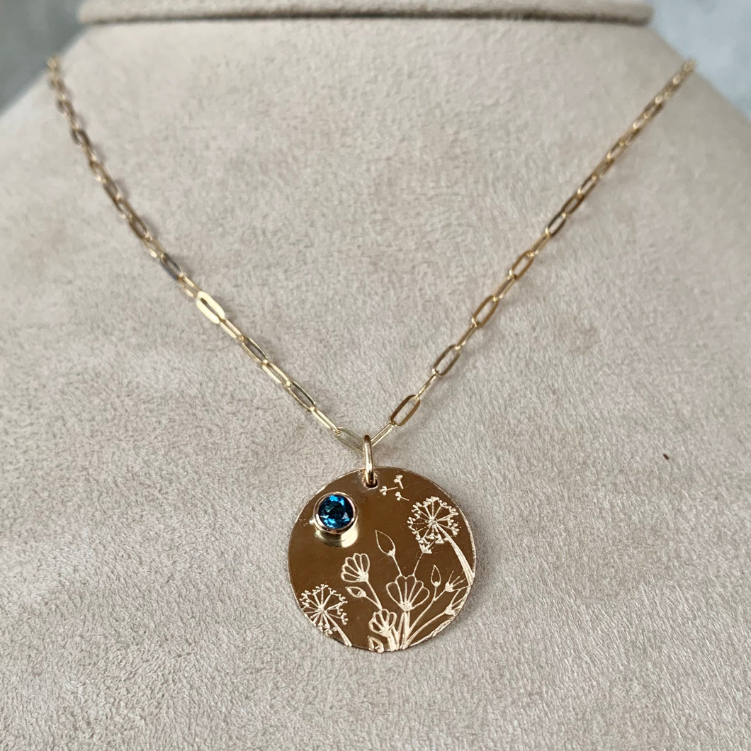 Hand Stamped Wildflower Necklace: 14k Gold Filled London Blue Topaz Pendant