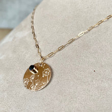 Load image into Gallery viewer, Hand Stamped Wildflower Necklace: 14k Gold Filled London Blue Topaz Pendant
