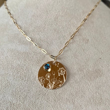 Load image into Gallery viewer, Hand Stamped Wildflower Necklace: 14k Gold Filled London Blue Topaz Pendant

