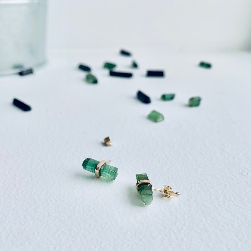 Raw Green Tourmaline Stud Earrings: 14k Gold Filled Birthstone Jewelry
