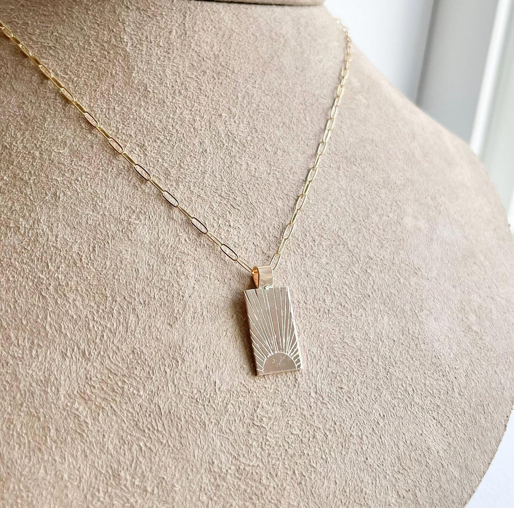 Hand Stamped Sunrise Necklace: 14k Gold Filled Sun Ray Pendant