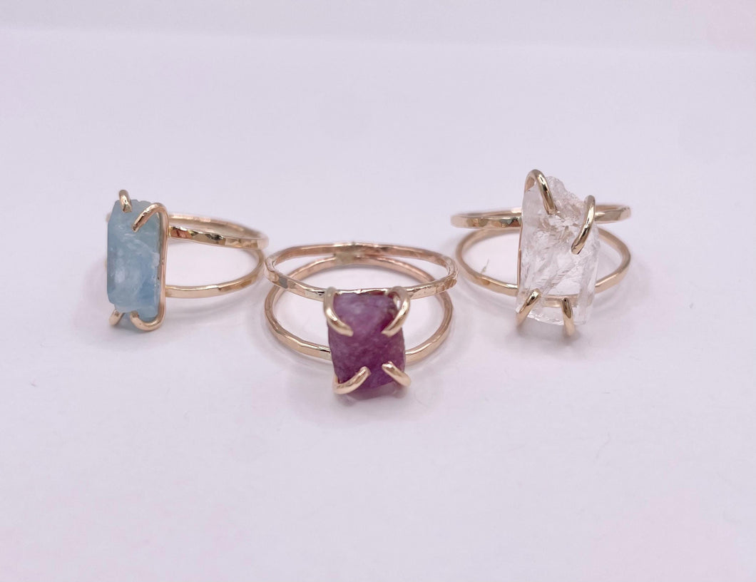 Raw Gemstone Stacking Ring: 14k Gold Filled, Ruby, Aquamarine